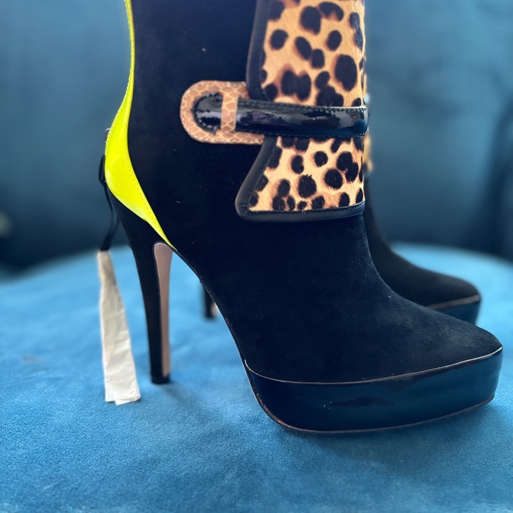 Blonde Ambition Cheryl/Leopard/Lime Green. Black Suede and Patent platform Boots